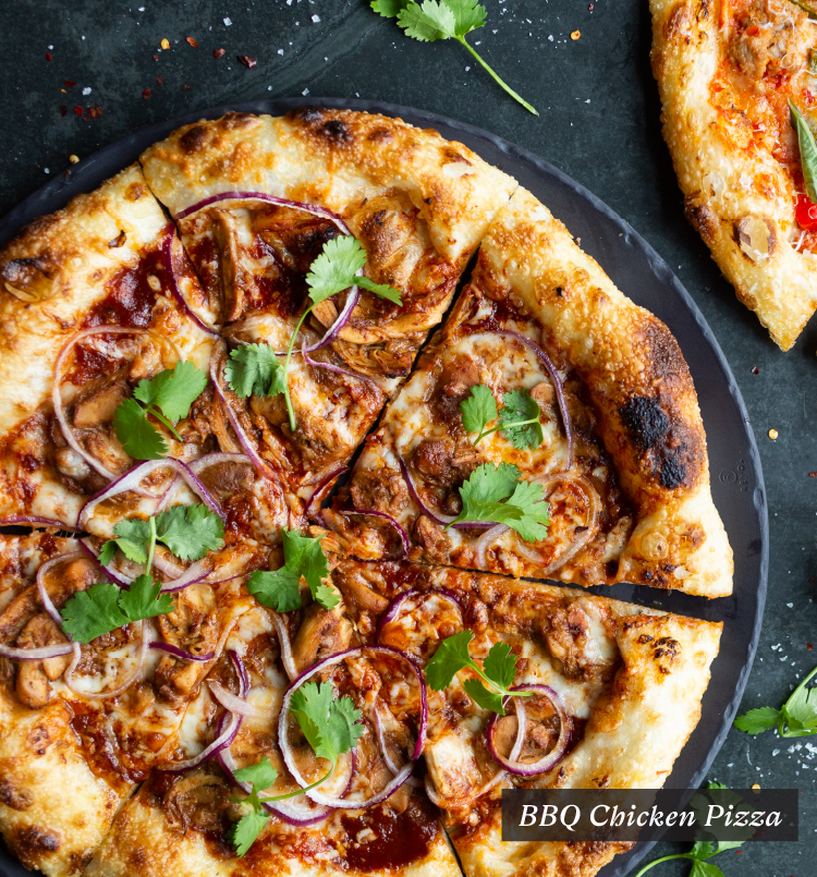 BBQ Chicken Pizza | braised chicken, red onion, bbq tomato sauce, cilantro, mozza