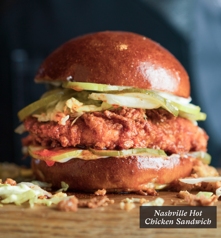 Nashville Hot Chicken Sandwich | Nashville spiced crispy breaded chicken breast, pickles, lettuce, mayonnaise, toasted brioche bun
